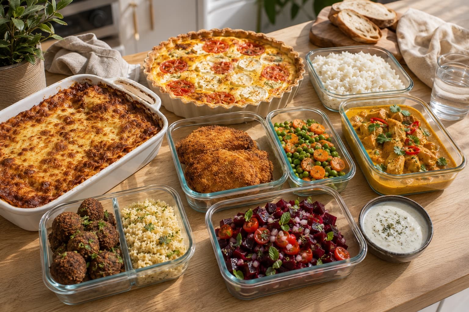 Plan de travail garni des plats de la semaine en boîtes : quiche, lasagnes, curry, cordon bleu, falafels et accompagnements