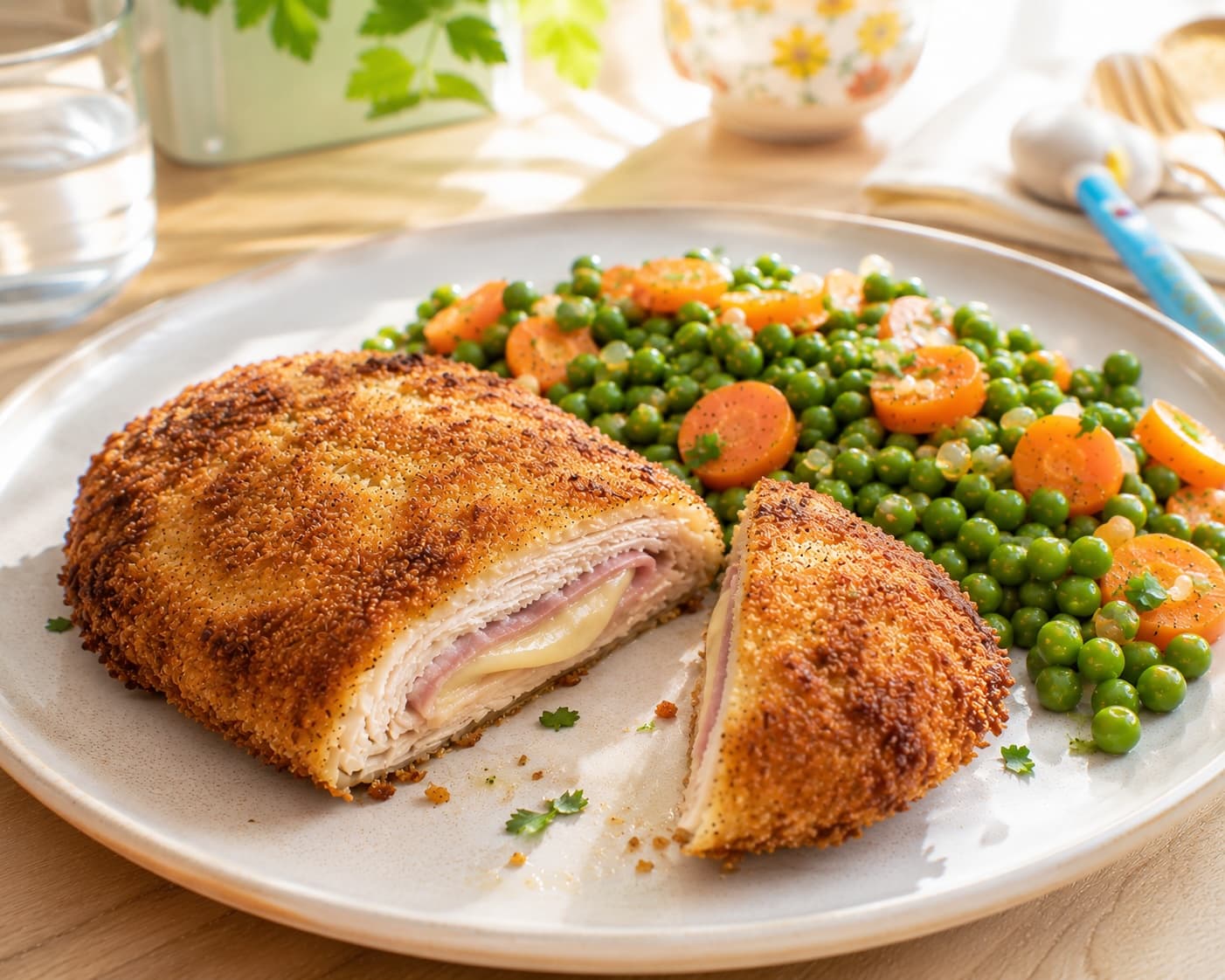 Cordon bleu doré coupé, accompagné de petits pois et carottes