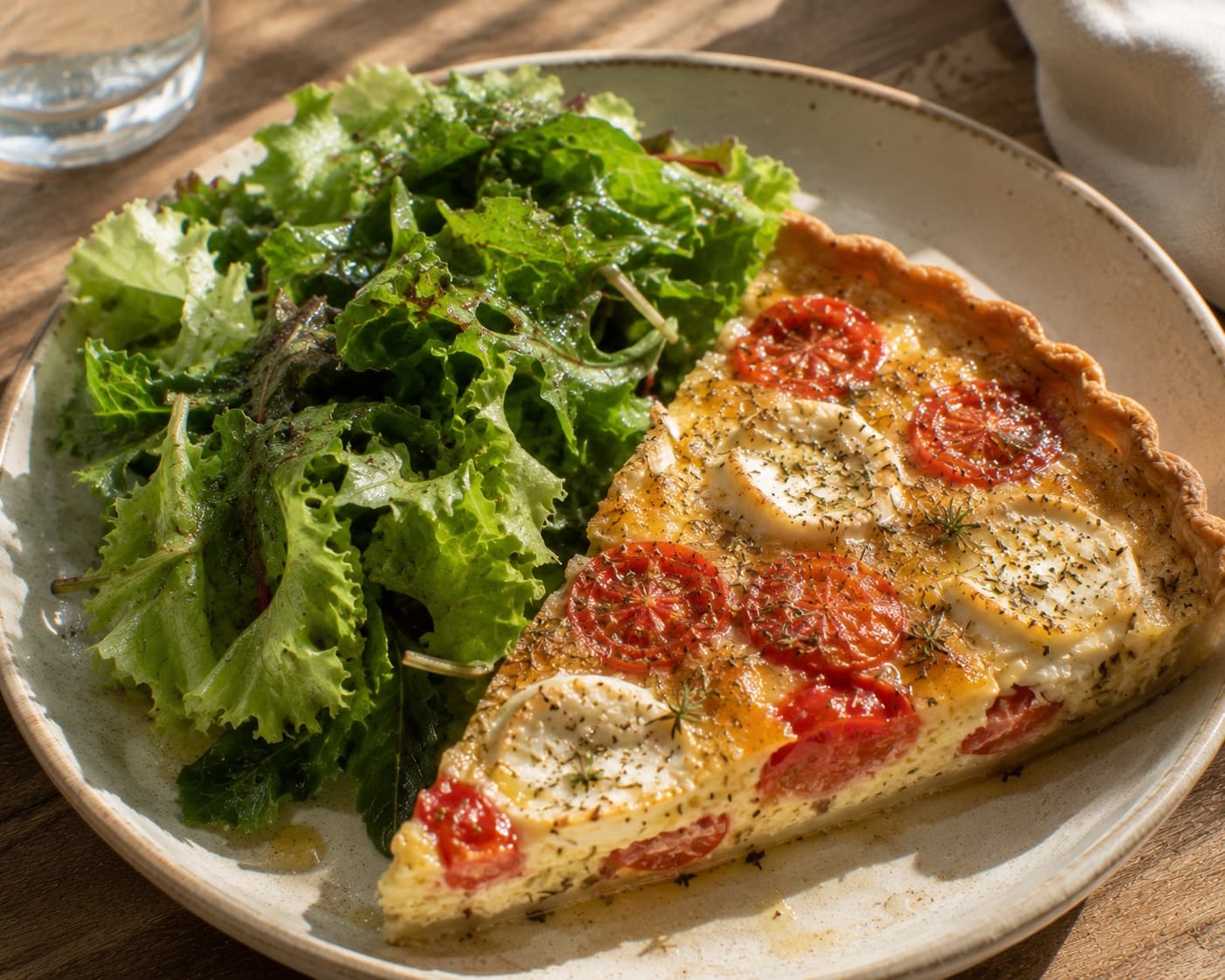 Part de quiche aux tomates et chèvre frais, servie avec une salade verte